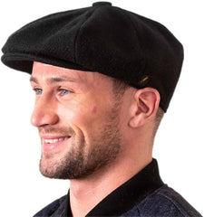 Newsboy Flat Cap Herringbone Traditional 8 Piece with Button Fastening  - Irish Made Wool Tweed