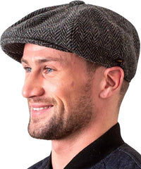 Newsboy Flat Cap Herringbone Traditional 8 Piece with Button Fastening  - Irish Made Wool Tweed