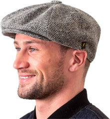 Newsboy Flat Cap Herringbone Traditional 8 Piece with Button Fastening  - Irish Made Wool Tweed