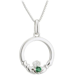 Irish Sterling Silver Green Crystal Claddagh Pendant Necklace for Women - 18