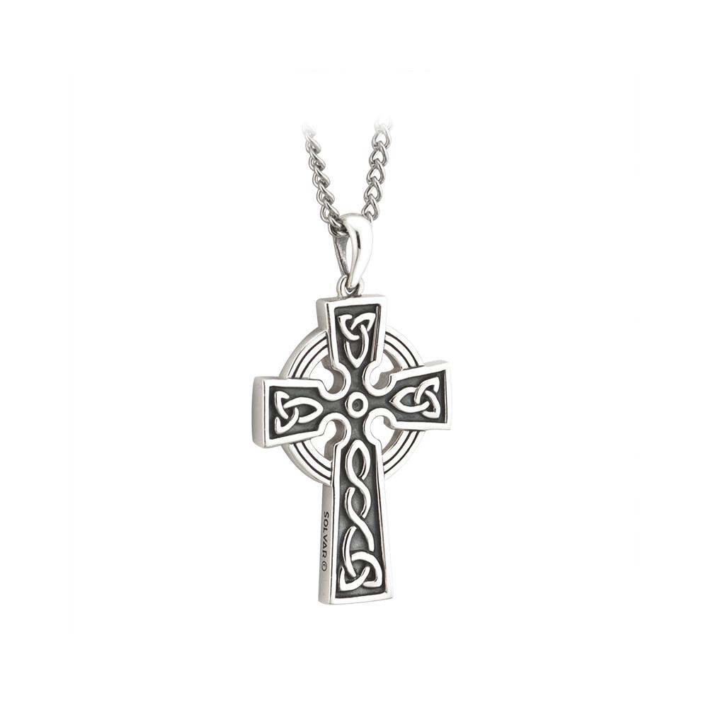 celtic cross necklace mens sterling silver two sided irish made solvar